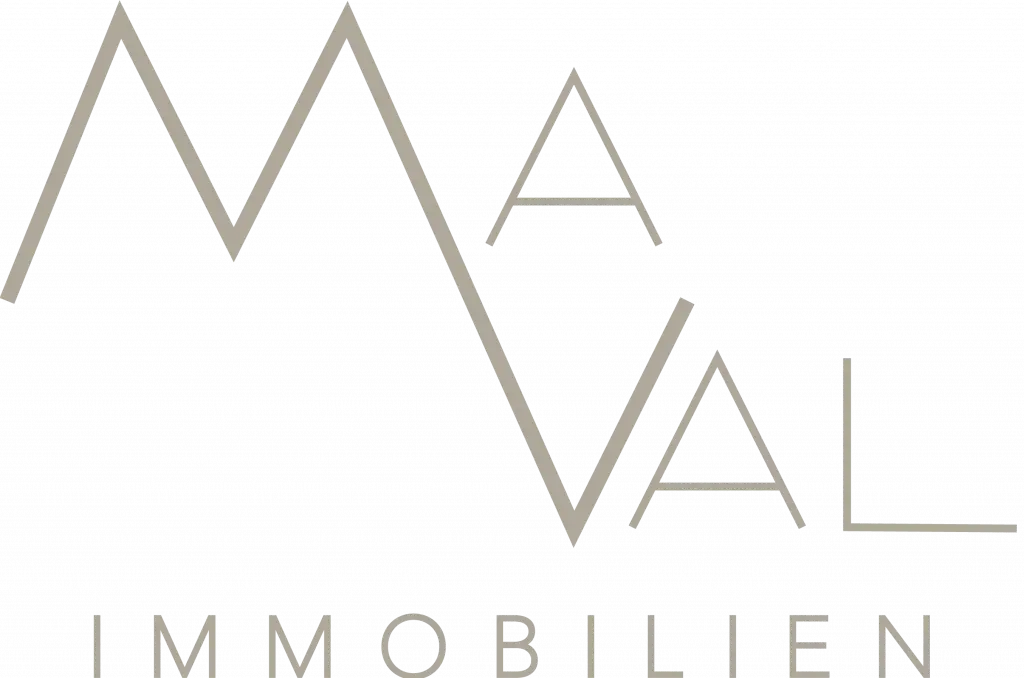 "Maval", M und V sind verbunden wir zwei Berge und ein Tal. "Immobilien" darunter