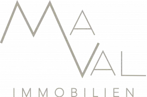 "Maval", M und V sind verbunden wir zwei Berge und ein Tal. "Immobilien" darunter