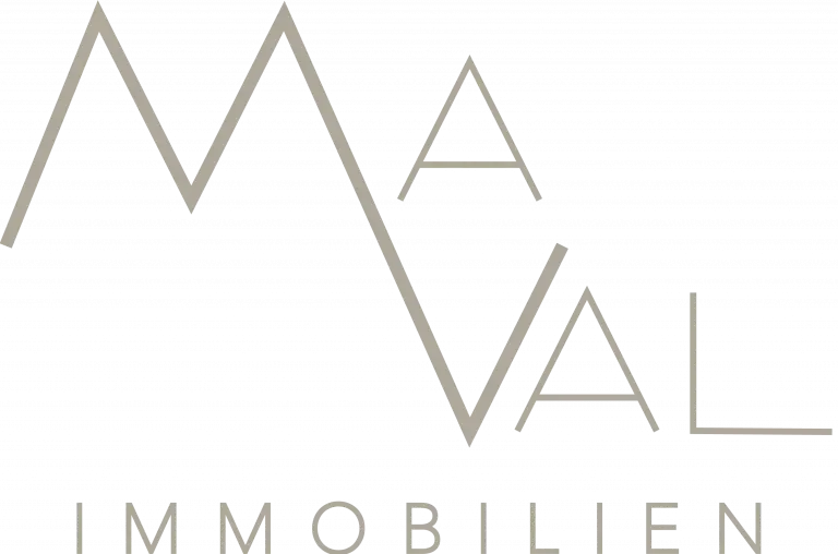 "Maval", M und V sind verbunden wir zwei Berge und ein Tal. "Immobilien" darunter