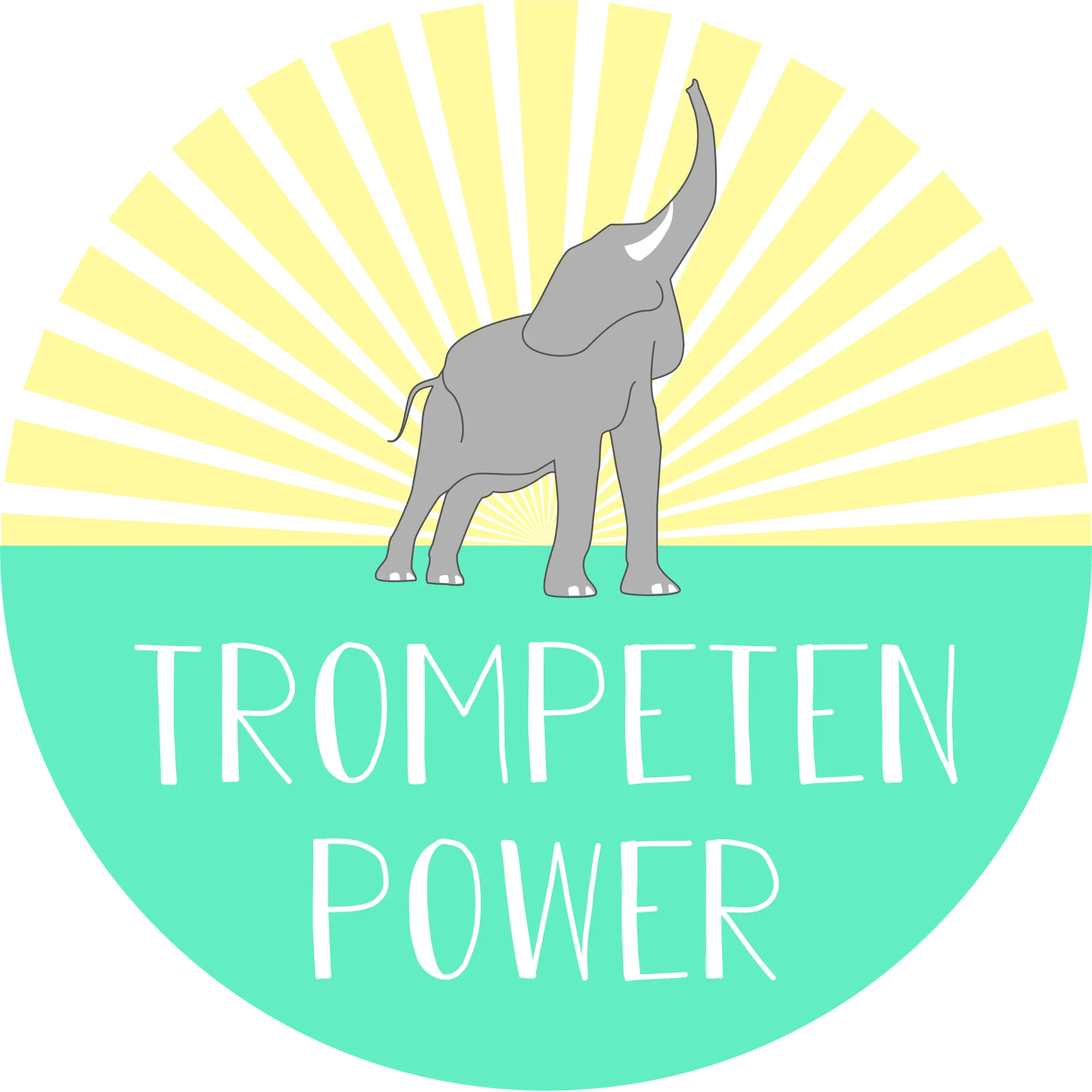Rundes Logo, ein Elefant vor einer gelben Sonne, darunter der Schriftzug "Trompetenpowerpower" vor Türkis.