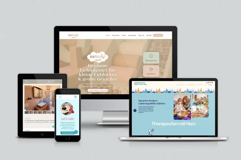 Mockups verschiedener Websites auf unterschiedlichen Endgeräten.