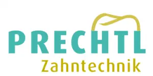 Logo in türkis-grün mit einem Zahn und dem Schriftzug "Prechtl Zahntechnik"