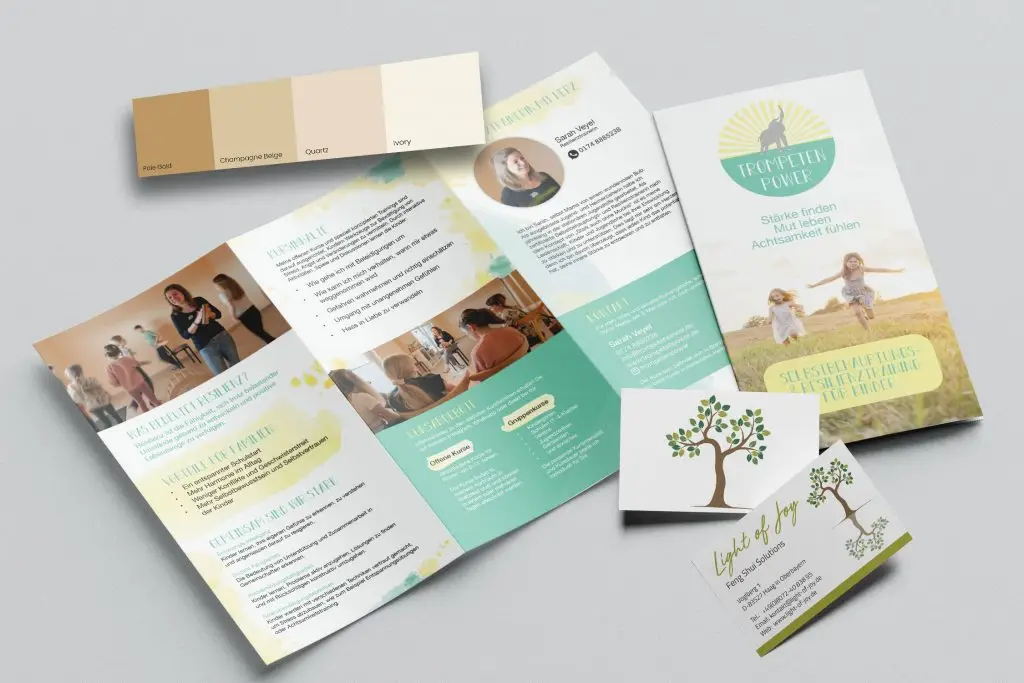 Mockup von verschiedenen Werbemittel und einer Farbpalette, das aussagt, das juleclear Grafikdesign in verschiedensten Formen betreibt