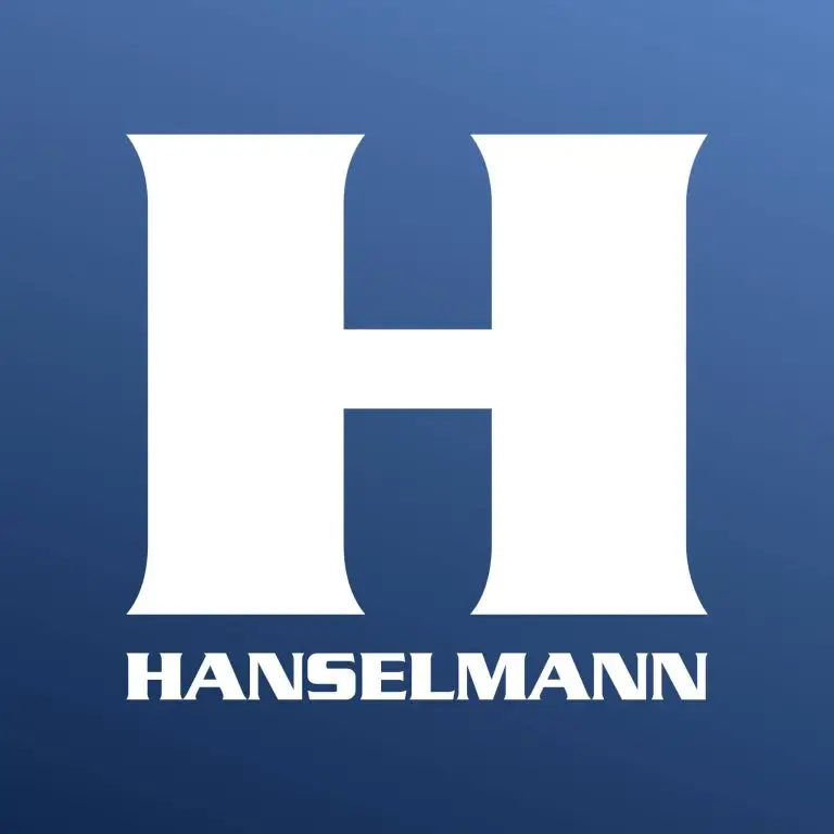 Eine großes weißes H in Serifenschrift, darunter klein: hanselmann.